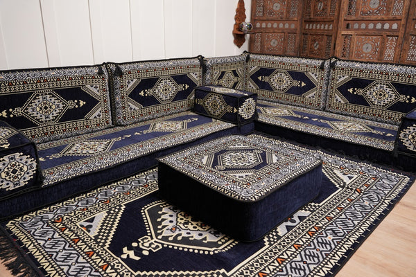 Arabic Corner Floor Couch, L Shaped Navy Blue Turkish Sofa, Oriental Floor Cushions, Arabic Majlis, Traditional Living Room Sofa, Arabic Jalsa Set