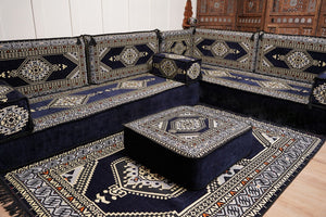 Arabic Corner Floor Couch, L Shaped Navy Blue Turkish Sofa, Oriental Floor Cushions, Arabic Majlis, Traditional Living Room Sofa, Arabic Jalsa Set
