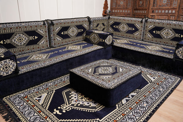 Arabic Corner Floor Couch, L Shaped Navy Blue Turkish Sofa, Oriental Floor Cushions, Arabic Majlis, Traditional Living Room Sofa, Arabic Jalsa Set