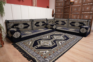Arabic Corner Floor Couch, L Shaped Navy Blue Turkish Sofa, Oriental Floor Cushions, Arabic Majlis, Traditional Living Room Sofa, Arabic Jalsa Set