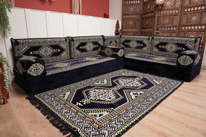 Arabic Corner Floor Couch, L Shaped Navy Blue Turkish Sofa, Oriental Floor Cushions, Arabic Majlis, Traditional Living Room Sofa, Arabic Jalsa Set