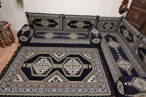 Arabic Corner Floor Couch, L Shaped Navy Blue Turkish Sofa, Oriental Floor Cushions, Arabic Majlis, Traditional Living Room Sofa, Arabic Jalsa Set