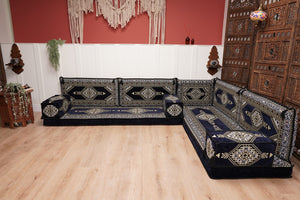 Arabic Corner Floor Couch, L Shaped Navy Blue Turkish Sofa, Oriental Floor Cushions, Arabic Majlis, Traditional Living Room Sofa, Arabic Jalsa Set