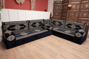 Arabic Corner Floor Couch, L Shaped Navy Blue Turkish Sofa, Oriental Floor Cushions, Arabic Majlis, Traditional Living Room Sofa, Arabic Jalsa Set