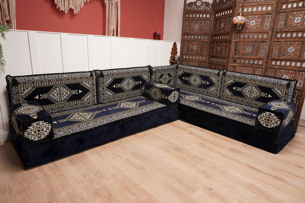 Arabic Corner Floor Couch, L Shaped Navy Blue Turkish Sofa, Oriental Floor Cushions, Arabic Majlis, Traditional Living Room Sofa, Arabic Jalsa Set