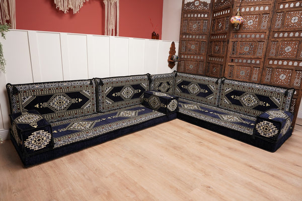 Arabic Corner Floor Couch, L Shaped Navy Blue Turkish Sofa, Oriental Floor Cushions, Arabic Majlis, Traditional Living Room Sofa, Arabic Jalsa Set