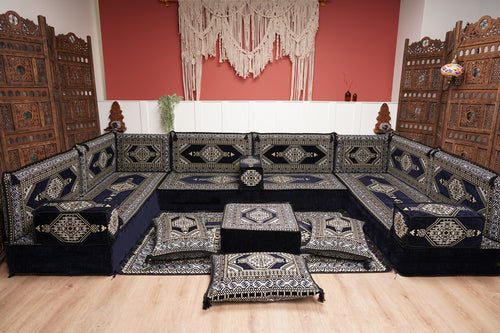 8'' Thickness U Sofa Set, Navy Blue Floor Cushions, Arabic Majlis Set, Floor Sofa Set, Arabic Jalsa, Moroccan Sofa, Sectional Sofa, Oriental Floor Seating