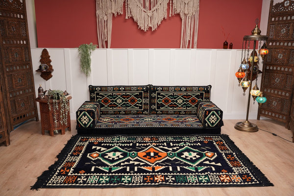Dark Navy Blue Floor Sofa, Arabic Floor Seating Cushions, Arabic Jalsa, Moroccan Floor Sofas, Sectional Sofas, Sofa with Ottoman Couch and Rug