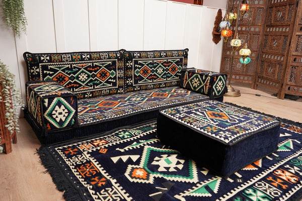Dark Navy Blue Floor Sofa, Arabic Floor Seating Cushions, Arabic Jalsa, Moroccan Floor Sofas, Sectional Sofas, Sofa with Ottoman Couch and Rug