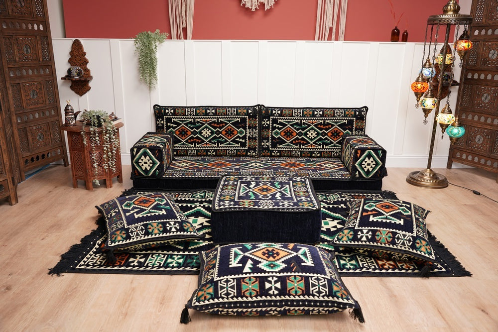 Dark Navy Blue Floor Sofa, Arabic Floor Seating Cushions, Arabic Jalsa, Moroccan Floor Sofas, Sectional Sofas, Sofa with Ottoman Couch and Rug