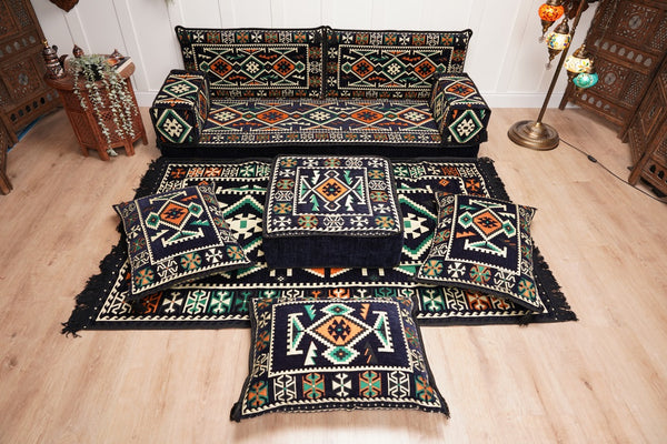 Dark Navy Blue Floor Sofa, Arabic Floor Seating Cushions, Arabic Jalsa, Moroccan Floor Sofas, Sectional Sofas, Sofa with Ottoman Couch and Rug