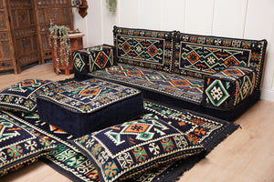 Dark Navy Blue Floor Sofa, Arabic Floor Seating Cushions, Arabic Jalsa, Moroccan Floor Sofas, Sectional Sofas, Sofa with Ottoman Couch and Rug