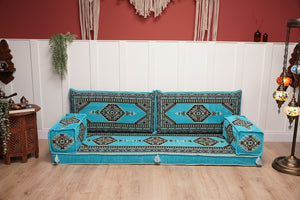 Turquoise Loveseat Arabic Sofa, Arabic Majlis, Moroccan Sofa with Ottoman Couch and Rug, Living Room Sofa, Arabic Jalsa Set, Floor Sofa Seating