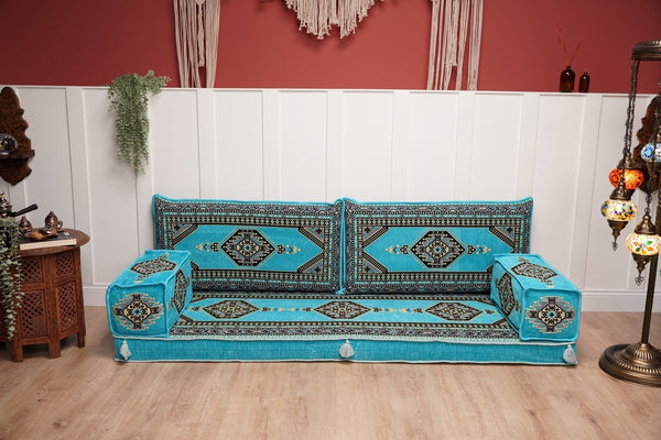 Turquoise Loveseat Arabic Sofa, Arabic Majlis, Moroccan Sofa with Ottoman Couch and Rug, Living Room Sofa, Arabic Jalsa Set, Floor Sofa Seating