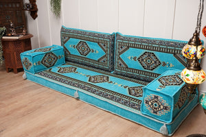 Turquoise Loveseat Arabic Sofa, Arabic Majlis, Moroccan Sofa with Ottoman Couch and Rug, Living Room Sofa, Arabic Jalsa Set, Floor Sofa Seating
