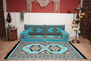 Turquoise Loveseat Arabic Sofa, Arabic Majlis, Moroccan Sofa with Ottoman Couch and Rug, Living Room Sofa, Arabic Jalsa Set, Floor Sofa Seating