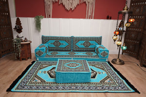 Turquoise Loveseat Arabic Sofa, Arabic Majlis, Moroccan Sofa with Ottoman Couch and Rug, Living Room Sofa, Arabic Jalsa Set, Floor Sofa Seating