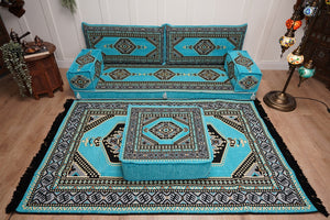 Turquoise Loveseat Arabic Sofa, Arabic Majlis, Moroccan Sofa with Ottoman Couch and Rug, Living Room Sofa, Arabic Jalsa Set, Floor Sofa Seating
