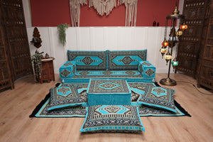 Turquoise Loveseat Arabic Sofa, Arabic Majlis, Moroccan Sofa with Ottoman Couch and Rug, Living Room Sofa, Arabic Jalsa Set, Floor Sofa Seating