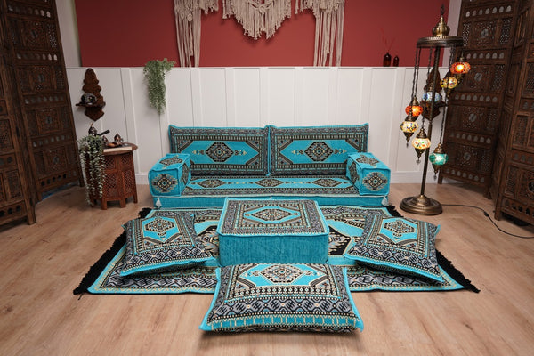 Turquoise Loveseat Arabic Sofa, Arabic Majlis, Moroccan Sofa with Ottoman Couch and Rug, Living Room Sofa, Arabic Jalsa Set, Floor Sofa Seating