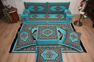 Turquoise Loveseat Arabic Sofa, Arabic Majlis, Moroccan Sofa with Ottoman Couch and Rug, Living Room Sofa, Arabic Jalsa Set, Floor Sofa Seating