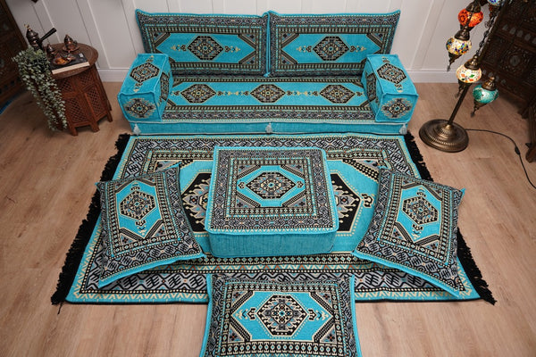 Turquoise Loveseat Arabic Sofa, Arabic Majlis, Moroccan Sofa with Ottoman Couch and Rug, Living Room Sofa, Arabic Jalsa Set, Floor Sofa Seating