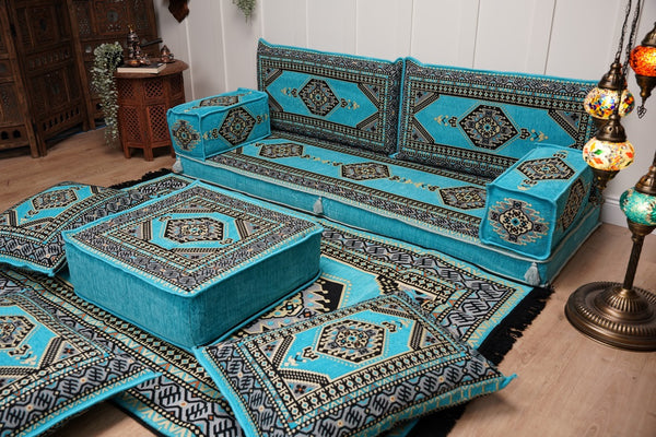 Turquoise Loveseat Arabic Sofa, Arabic Majlis, Moroccan Sofa with Ottoman Couch and Rug, Living Room Sofa, Arabic Jalsa Set, Floor Sofa Seating
