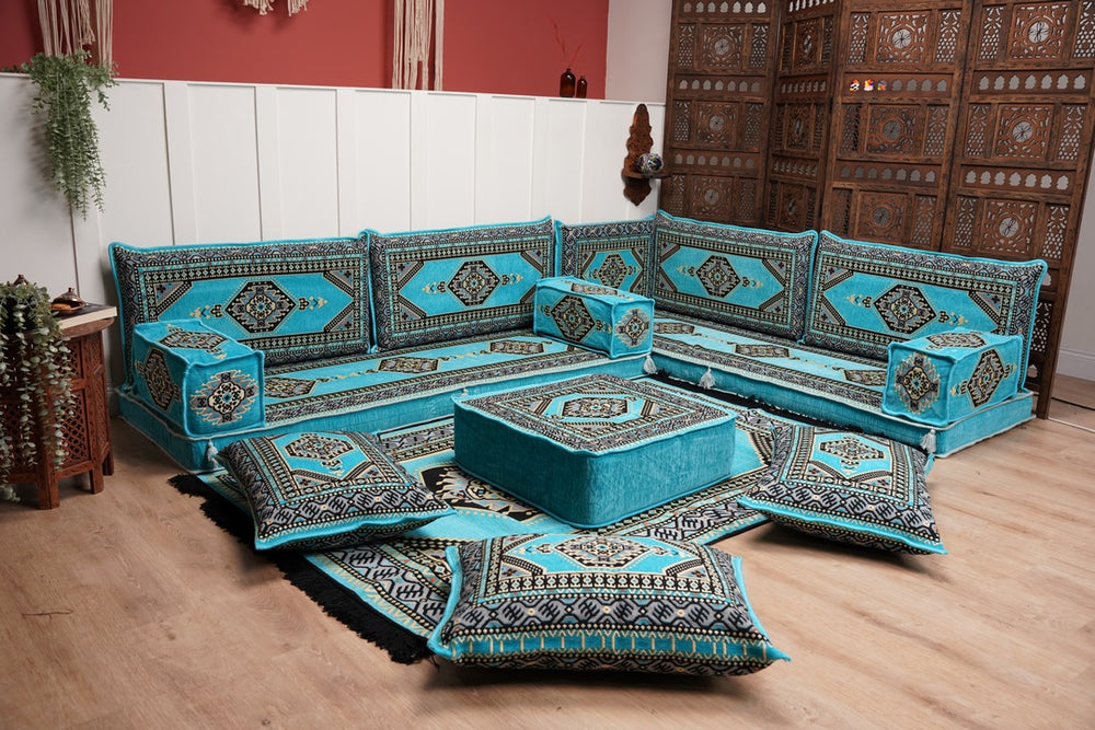 L Shaped Turquoise Turkish Sofa, 16'' Thickness Arabic Majlis, Living Room Sofa, Boho Floor Seating, Moroccan Style Sofa, Ottoman Floor Cushion