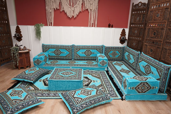 أريكة تركية فيروزية على شكل حرف L، مجلس عربي بسمك 16 بوصة، أريكة غرفة معيشة، مقعد أرضي بوهو، أريكة على الطراز المغربي، وسادة أرضية عثمانية