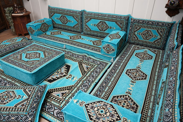 أريكة تركية فيروزية على شكل حرف L، مجلس عربي بسمك 16 بوصة، أريكة غرفة معيشة، مقعد أرضي بوهو، أريكة على الطراز المغربي، وسادة أرضية عثمانية