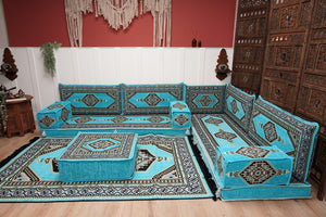 أريكة تركية فيروزية على شكل حرف L، مجلس عربي بسمك 16 بوصة، أريكة غرفة معيشة، مقعد أرضي بوهو، أريكة على الطراز المغربي، وسادة أرضية عثمانية