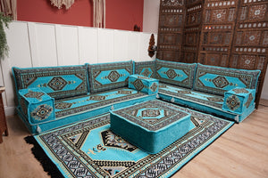 أريكة تركية فيروزية على شكل حرف L، مجلس عربي بسمك 16 بوصة، أريكة غرفة معيشة، مقعد أرضي بوهو، أريكة على الطراز المغربي، وسادة أرضية عثمانية