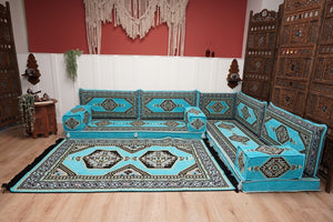 أريكة تركية فيروزية على شكل حرف L، مجلس عربي بسمك 16 بوصة، أريكة غرفة معيشة، مقعد أرضي بوهو، أريكة على الطراز المغربي، وسادة أرضية عثمانية