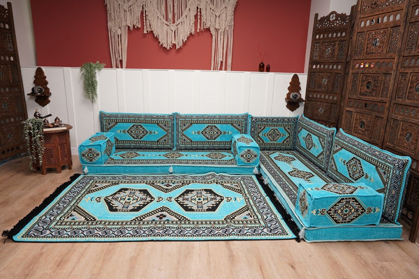 أريكة تركية فيروزية على شكل حرف L، مجلس عربي بسمك 16 بوصة، أريكة غرفة معيشة، مقعد أرضي بوهو، أريكة على الطراز المغربي، وسادة أرضية عثمانية