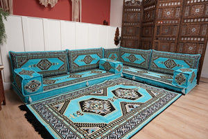 أريكة تركية فيروزية على شكل حرف L، مجلس عربي بسمك 16 بوصة، أريكة غرفة معيشة، مقعد أرضي بوهو، أريكة على الطراز المغربي، وسادة أرضية عثمانية