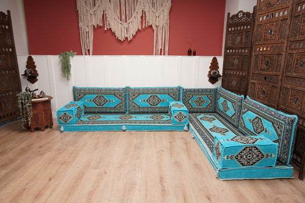 أريكة تركية فيروزية على شكل حرف L، مجلس عربي بسمك 16 بوصة، أريكة غرفة معيشة، مقعد أرضي بوهو، أريكة على الطراز المغربي، وسادة أرضية عثمانية