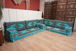 أريكة تركية فيروزية على شكل حرف L، مجلس عربي بسمك 16 بوصة، أريكة غرفة معيشة، مقعد أرضي بوهو، أريكة على الطراز المغربي، وسادة أرضية عثمانية