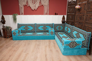 أريكة تركية فيروزية على شكل حرف L، مجلس عربي بسمك 16 بوصة، أريكة غرفة معيشة، مقعد أرضي بوهو، أريكة على الطراز المغربي، وسادة أرضية عثمانية
