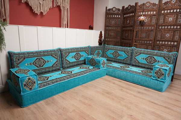 أريكة تركية فيروزية على شكل حرف L، مجلس عربي بسمك 16 بوصة، أريكة غرفة معيشة، مقعد أرضي بوهو، أريكة على الطراز المغربي، وسادة أرضية عثمانية