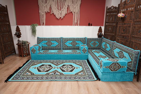 أريكة تركية فيروزية على شكل حرف L، مجلس عربي بسمك 16 بوصة، أريكة غرفة معيشة، مقعد أرضي بوهو، أريكة على الطراز المغربي، وسادة أرضية عثمانية