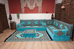 أريكة تركية فيروزية على شكل حرف L، مجلس عربي بسمك 16 بوصة، أريكة غرفة معيشة، مقعد أرضي بوهو، أريكة على الطراز المغربي، وسادة أرضية عثمانية