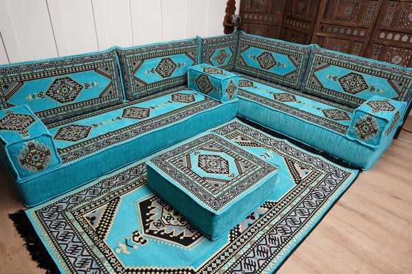 أريكة تركية فيروزية على شكل حرف L، مجلس عربي بسمك 16 بوصة، أريكة غرفة معيشة، مقعد أرضي بوهو، أريكة على الطراز المغربي، وسادة أرضية عثمانية