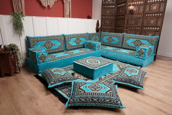 أريكة تركية فيروزية على شكل حرف L، مجلس عربي بسمك 16 بوصة، أريكة غرفة معيشة، مقعد أرضي بوهو، أريكة على الطراز المغربي، وسادة أرضية عثمانية