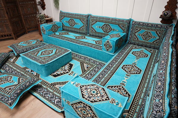 أريكة تركية فيروزية على شكل حرف L، مجلس عربي بسمك 16 بوصة، أريكة غرفة معيشة، مقعد أرضي بوهو، أريكة على الطراز المغربي، وسادة أرضية عثمانية