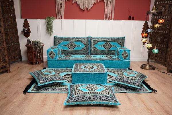 Turquoise Loveseat Arabic Sofa, Arabic Majlis, Moroccan Sofa with Ottoman Couch and Rug, Living Room Sofa, Arabic Jalsa Set, Floor Sofa Seating