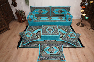 Turquoise Loveseat Arabic Sofa, Arabic Majlis, Moroccan Sofa with Ottoman Couch and Rug, Living Room Sofa, Arabic Jalsa Set, Floor Sofa Seating