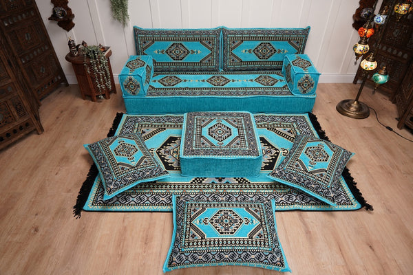 Turquoise Loveseat Arabic Sofa, Arabic Majlis, Moroccan Sofa with Ottoman Couch and Rug, Living Room Sofa, Arabic Jalsa Set, Floor Sofa Seating