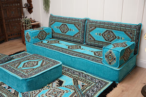 Turquoise Loveseat Arabic Sofa, Arabic Majlis, Moroccan Sofa with Ottoman Couch and Rug, Living Room Sofa, Arabic Jalsa Set, Floor Sofa Seating