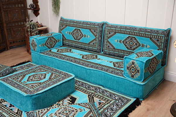 Turquoise Loveseat Arabic Sofa, Arabic Majlis, Moroccan Sofa with Ottoman Couch and Rug, Living Room Sofa, Arabic Jalsa Set, Floor Sofa Seating