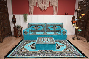 Turquoise Loveseat Arabic Sofa, Arabic Majlis, Moroccan Sofa with Ottoman Couch and Rug, Living Room Sofa, Arabic Jalsa Set, Floor Sofa Seating